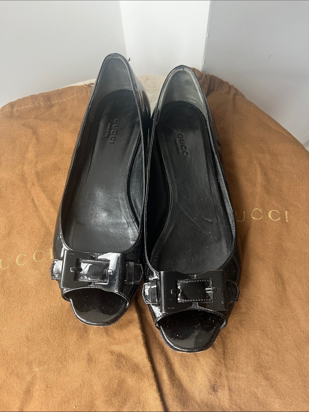 Gucci Black Patent Peep-Toe Heels with Bow Buckle Accent